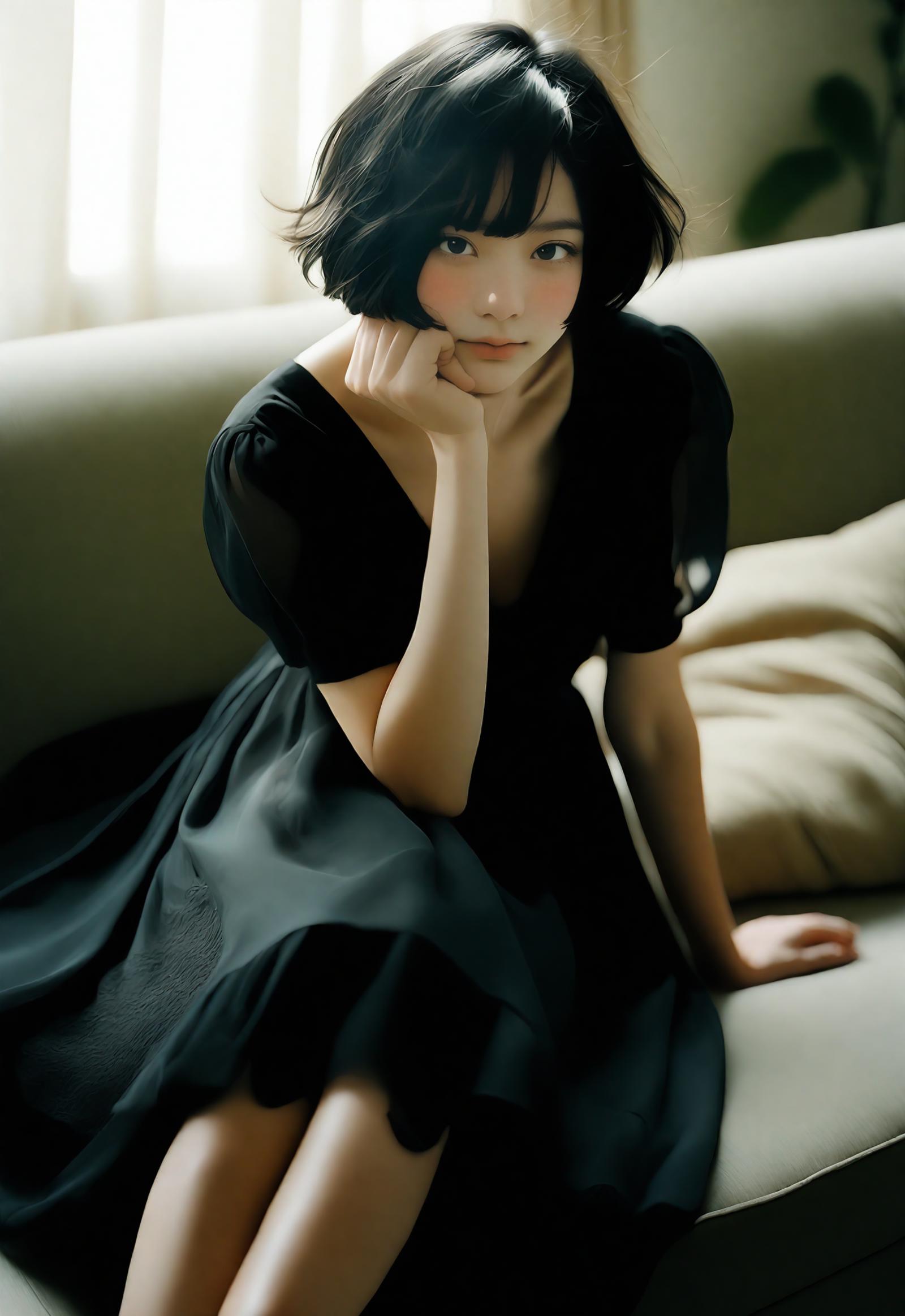 A young woman wearing a black dress sitting on a couch and posing for the camera.