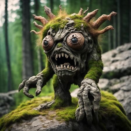 <lora:fx-monsters-xl-mrey-nocap:1> ugly disfigured monster made of rocks, moss and wood