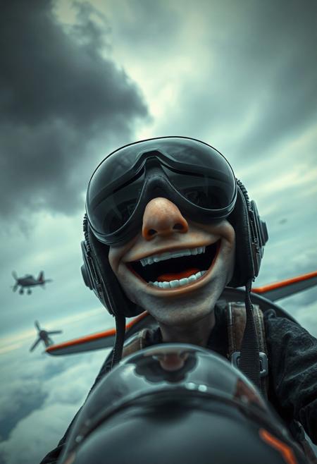 Character in the style of Gorillaz's Demon Days album|grey sky background|stark contrast|((pilot helmet))|eyes covered with dark glass frame|(style:1.5). Big mouth, smiling, wide smile, mouth wide open,
Riding plane, cloudy sky, grey sky, dark cloud, falling plane,
Full view, front view, tilted angle
masterpiece, best quality, detailed, realistic, 8k UHD, high quality, lifelike, precise, absurdres, rendered in a cinematic, HDR style, 8K resolution
masterpiece, best quality, detailed, realistic, 8k UHD, high quality, lifelike, precise, vibrant, absurdres, SimplepositiveXLv1, sfw <lora:xl_more_art-full-beta1:0.7>