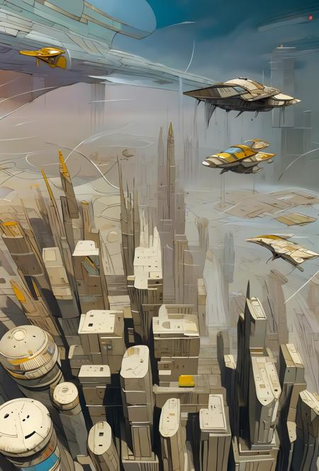 aerial view of a megalopol city , a flying taxi spaceship, high buildings, futuristic city,<lora:vor_enki.v3.lora:0.95>