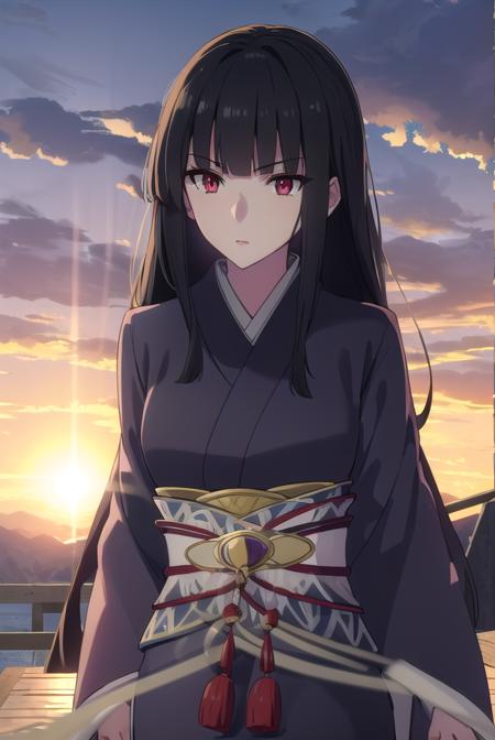 tateglass, <lora:tate glass s1s2-lora-nochekaiser:1>,
glass, long hair, bangs, black hair, blunt bangs, hime cut, (red eyes:1.3),
BREAK japanese clothes, wide sleeves, kimono, sash, obi, black kimono, lipstick,
BREAK outdoors, forest, nature, sky, sun, clouds,
BREAK looking at viewer, (cowboy shot:1.5),
BREAK <lyco:GoodHands-beta2:1>, (masterpiece:1.2), best quality, high resolution, unity 8k wallpaper, (illustration:0.8), (beautiful detailed eyes:1.6), extremely detailed face, perfect lighting, extremely detailed CG, (perfect hands, perfect anatomy),