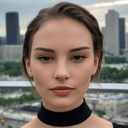 (Skin Texture, pores, natural,iPhone,RAW)), natural lighting, Highest Quality closeup Portrait photo of a pretty woman,black thin choker, clear lipgloss, Nikon Z9, realistic matte skin,  blurry city in the background, 8K, symmetric, whole face,  , <lora:asmrdarling_xl_2_standard_merger_21_51_055_045:1>