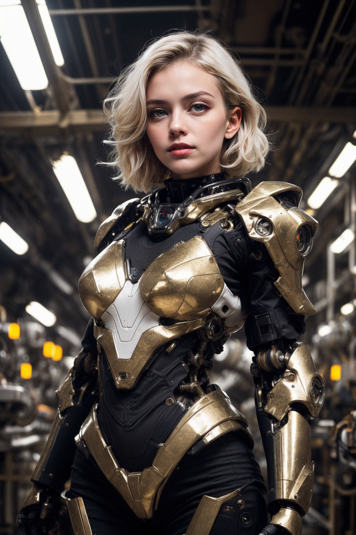 A young woman in a futuristic suit poses in a factory setting.