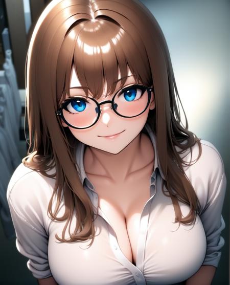 1girl, large breasts, glasses, shirt, brown hair, long hair, 1girl, blue eyes, indoors, from above, smug, smile,