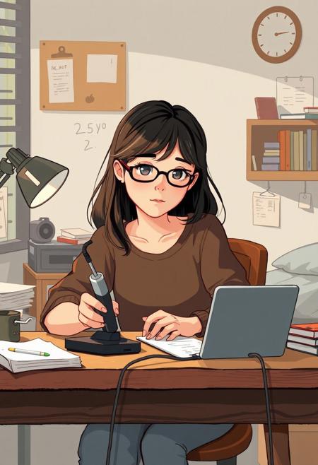 a 25yo girl using a soldering iron at a desk, student bedroom, strong minded, studious, geek, simple drawing, 2D, warm color palette, matte colors, natural lighting, realistic face