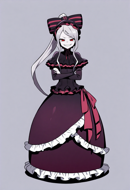 shalltear, 1girl, grey hair, long hair, ponytail, red eyes frilled dress, black dress, bow, white frills vampire, pale skin