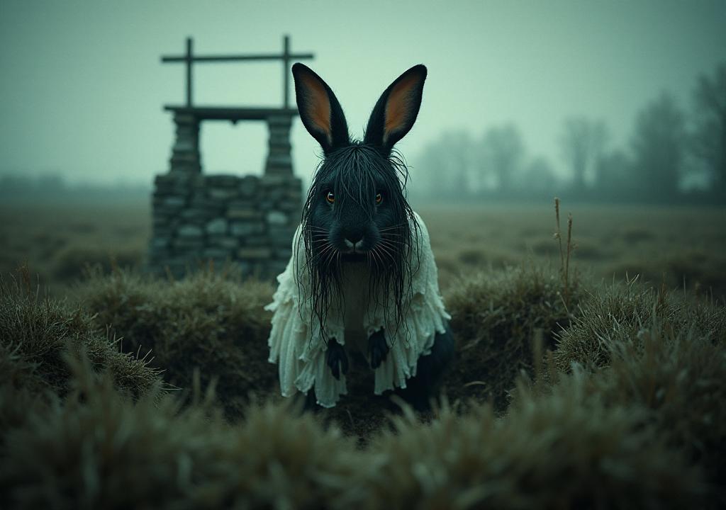 TV Screen fills the picture a grainy image as viewed through the static from the TV.  a wideshot of a desolate field, In the centre a rabbit in front of a an old stone well. They are wearing a wet old torn white dressing gown, with long dark scraggy wet hair which falls over their eyes obscuring them from view. They are on all fours crawling twards the viewer clearly having recently emerged from the well, which can be seen immediately behind them. They are dressed in the style of the girl from the Ring film but as a rabbit, there is head cocked and looking at the viewer.  The scene provides a sense of imminent terror. din lighting in the style of a 3d render <lora:zhibi:1> small zhibi