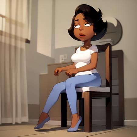 ((masterpiece, best quality)),(complex lighting) , solo ,1girl, full body, donna tubs,  dark skin,  <lora:DonnaTubbs1-10:0.8>,short hair, white shirt,blue pants, black eyes, sitting, on chair,