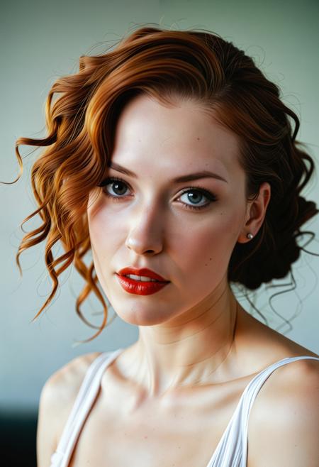 (Close up analogue photo) of a beautiful 25 years ((pale skin)), oval face, auburn haired woman, <lora:Jacinta_SDXL:0.7>,perfect face, sexy pose, wearing structured, off the shoulder dress with a layered skirt made of taffeta, demonstrating confidence, perfect eyes, detailed eyes, detailed iris, realistic skin, absolute perfect tits, soft tits, natural tits, (Twists and Curls hairstyle:1.6),,high quality, film grain, Fujifilm XT3, 8k uhd, dslr, film grain, kodak tri-x 400 film, grain photo DOF, faint lighting, dynamic angle, cinematic, Depth of field, bokeh, best quality, cinematic, light particles, highly_detailed, very_aesthetic, golden hour, beautiful_and_aesthetic ,Sexy pose, erotic pose, exhibitionism ,space station