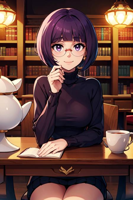 zzShauntal, purple eyes, purple hair, short hair, glasses, bob cut, bangs, blunt bangs,  zzShauntal, purple eyes, purple hair, short hair, glasses, bob cut, bangs, blunt bangs, large breasts, purple shirt, purple skirt, black pantyhose, elbow gloves