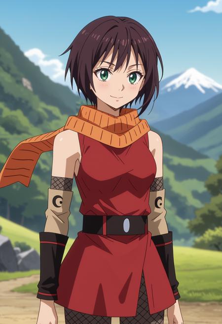 SoukaTS short hair, brown hair, green eyes short hair, brown hair, green eyes, dragon horns, dragon wings orange scarf, red shirt, black belt, red skirt, bike shorts, fishnet legwear, detached sleeves boots, black footwear