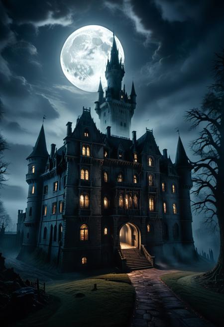 score_9, score_8_up, score_7_up, score_6_up, score_5_up, score_4_up, (absurdres, best quality, masterpiece:1.4), illustration, photorealistic, cinematic lighting, dynamic angle, perfect composition, darkness, haunted castle, glowing moon, dark shadows, eerie atmosphere, misty grounds, towering spires, glowing windows, ghostly figures, ominous, foreboding