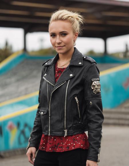 cinematic photo beautiful portrait of  (((ohwx woman))) in a punk black leather jacket with studs, ((((skate park in the background)))), multiple ear piercings, multiple lips piercings, multiple eyebrow piercings, colored hair, skull necklace, teen on skateboard in the background    <lora:panettiere_lora_sdxl_v2-000008:1> . 35mm photograph, film, bokeh, professional, 4k, highly detailed