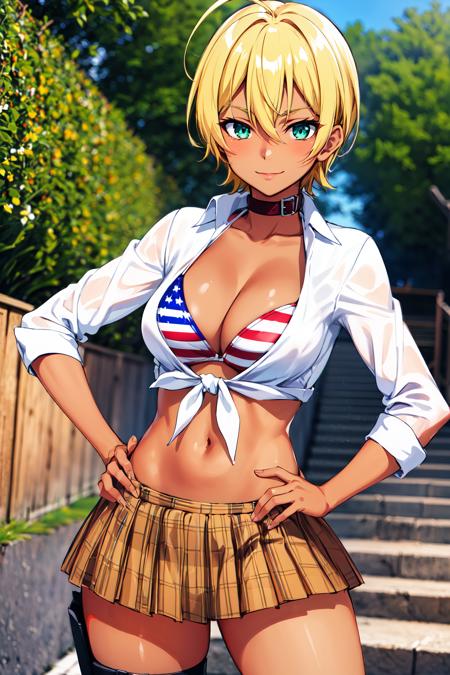 masterpiece, best quality, highres, mi1, dark skin, blonde hair, ahoge, green eyes, blue eyes, american flag bikini, plaid skirt, collar, bikini top only, tied shirt, <lora:mito_ikumi_v10:0.7>, smile, cowboy shot, hand on hip, outdoors