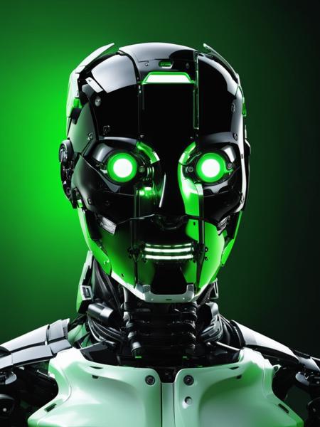 a hightech robotics in a green and black background with a large number of lights , solo, looking at viewer, monochrome, no humans, glowing, green background, green theme , <lora:hightech_robotics:0.9>