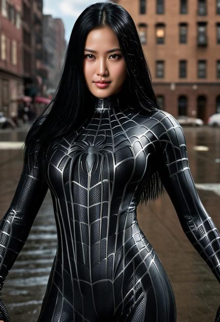 score_9, score_8_up, score_7_up, best quality, realistic, masterpiece, beautiful detail, hyperrealistic, afternoon sky, ((1girl, woman body, big breasts)), amazing detailed full body portrait of a beautiful korean  girl, wearing a realistic and highly detailed black raimi spider-man suit, ((huge muscular girl)), professional model wears ultra - detailed black raimi spider - man suit, ultra - detailed and grained black raimi spiderman suit, suit covered entire body and hand, black spiderman gloves, wet, (long black hair, middle part, pale black eyes, looking at viewer, seductive pose, smile), (full body), (dirty skin), close up, octane render, highly detailed, volumetric, dramatic lighting, (highest quality:1.1), (HDR:1.3), (top quality, best quality), realistic, high definition,