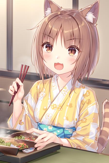 <lora:GoodHands-beta2:1> nice hands, perfect hands
nekoazuki, 1girl, animal ears, solo, cat ears, tail, brown hair, cat tail, open mouth, japanese clothes, kimono, chopsticks, brown eyes, smile, holding chopsticks, blush, :3, holding, slit pupils, animal ear fluff, cat girl, :d, bangs, floral print, short hair, tail raised, yukata, food, upper body, striped kimono, print kimono, long sleeves