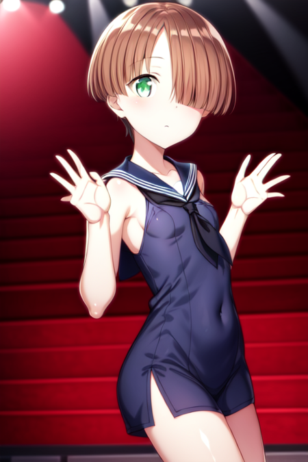 joanna_elizabeth_stafford, short hair, brown hair, green eyes, bangs, hair over one eye, small breasts, sailor dres , small breasts, Idol pose, {stage} , {perfect hands} , <lora:more_details:0.5>