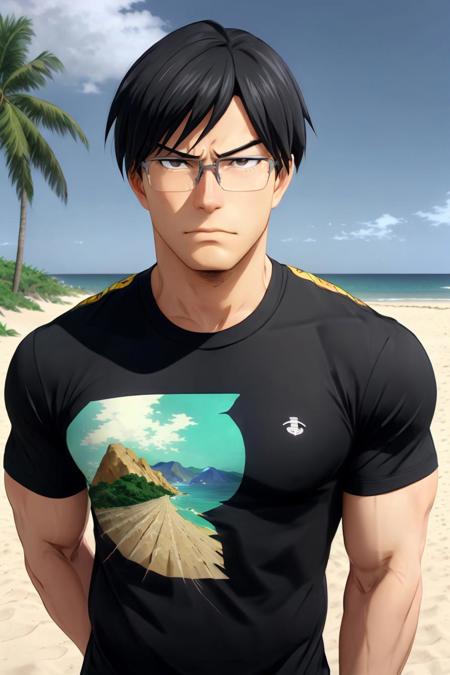 <lora:iidatenya:0.8> masterpiece, 3d, iidatenya, glasses, muscled, chilling at the beach, vacation shirt