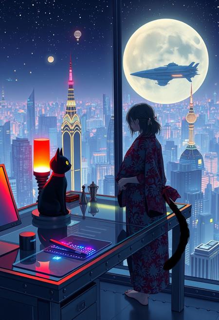 Jiji, the cat from Kiki's Delivery Service sits on a cluttered metal riveted desk with transparent top and rgb led computer components visible inside, On the desk are a maneki neko statue and a lava lamp, Jiji the Black Cat is looking out of a seamless and futuristic floor to ceiling window that looks out at a very high view from an apartment on the 400th floor of a futuristic Tokyo skyscraper, the year is 2250, The city has thousands of enormous wide and tall futuristic skyscrapers and space ships covered with lights in the sky, (((Kiki from Kiki's Delivery Service, 24 years old, is standing next to the cat looking out at the enormous city at night, filled with buildings of many shapes and sizes, some over a mile tall))), Kiki is dressed in an ornate Japanese style bath robe. An enormous deco starship with futuristic lighting and design is visible high above the city, and a space station is visible in the background among the stars, The woman's hair is messy from just waking up and tied up with a ribbon. Artistic cyberpunk, dynamic perspective, The focus is on Jiji and Kiki standing together looking out the window at the view together, (((overall architectural aesthetic is Art Deco Cyberpunk))).  Mt Fuji can be seen in the far distance,