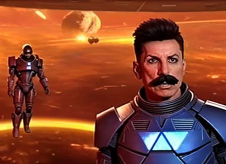 mass effect game screenshot of zladkovladcik man with mustache as commander shepard, space station interior in the background, super sharp, intricate detail, high resolution, high quality, detailed face, backlit, cinematic lighting <lora:hjzladkovladcik_v10:0.6>