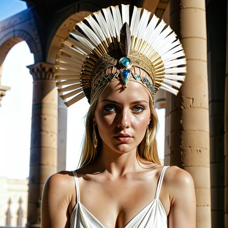 RAW analogue photo of a beautiful 25 years old woman, clear focus, high resolution image,  ,Beautiful woman golden blond hair, blue eyes, <lora:Njala_SDXL:0.65> ,<lora:sdxl_Egyptian_WalkLikeOne:1.0>, A high priestess unveiling a sacred scroll within the Temple of Karnak, papyrus leaves fluttering, her headdress shaped like the vulture crown., Beauty, Realistic, Hot, Realistic_Beauty,   ,low light, soft natural light, Rembrandt style light, Hasselblad DLSR camera, 200mm Zeiss lens, f/2.8 ,Sexy pose, erotic pose, exhibitionism, ,City boulevard