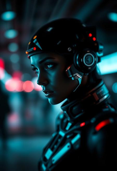 A blurred bokeh effect image in a futuristic sci-fi style, employing a macabre dark fantasy aesthetic. Modernist photography uses bold colors and high contrast with sharp subject focus and a soft background. Advanced technology and space elements are prominent.