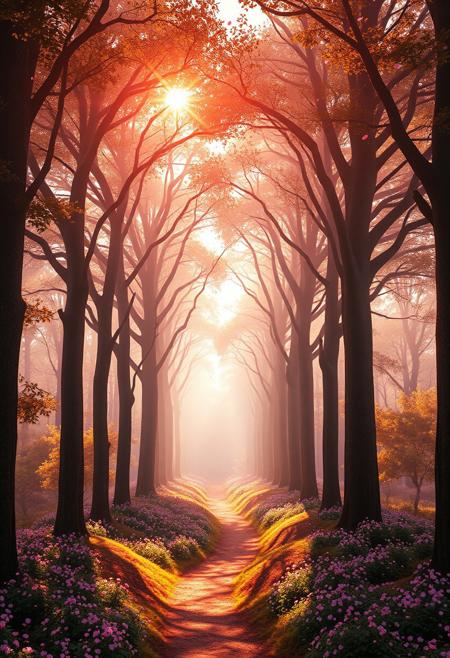 A magical forest filled with tall trees, their lush canopies forming perfect heart shapes. The atmosphere is soft and dreamy, with a warm pink and red glow filtering through the leaves. Delicate petals float in the air, carried by a gentle breeze. The ground is covered in vibrant flowers, and a winding pathway leads deeper into the enchanting forest. The scene is bathed in golden sunlight, creating a romantic, fairytale-like ambiance.