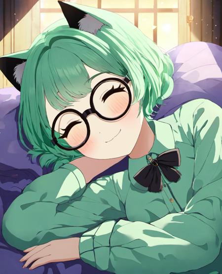 a girl sleeps in their side, she has mint green hair, round glasses, has cat ears. she is a nerd girl and smiles, she sleeps in their side, her clothes are mint green gothic, there is a ribbon under the neck, masterpiece, best quality, cinematic composition, best lighting, solo, 1girl