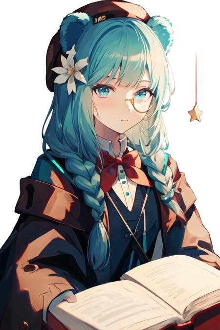 best quality, masterpiece, highres, solo, {istina_arknights:1.15}, animal_ears, bear_ears, long_hair, hair_ornament, monocle, bangs, braid, blue_eyes, blue_hair, star_\(symbol\), star_hair_ornament, hat, brown_headwear, book, beret, upper_body, aqua_hair, necktie, single_braid, 1girl, hairband, looking_at_viewer, official_alternate_costume, shirt, simple_background, white_background, white_shirt, bow, bowtie, dress, frills, holding, holding_book, long_sleeves, red_bow, red_bowtie, red_hairband, sitting, black_dress, flower, frilled_hairband, hair_flower, white_flower