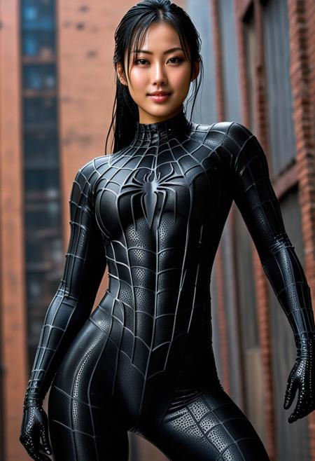 score_9, score_8_up, score_7_up, best quality, realistic, masterpiece, beautiful detail, hyperrealistic, woman ((1girl, woman body, big breasts)), amazing detailed full body portrait of a beautiful japanese girl, wearing a realistic and highly detailed black raimi spider-man suit, ((huge muscular girl)), professional model wears ultra - detailed black raimi spider - man suit, ultra - detailed and grained black raimi spiderman suit, suit covered entire body and hand, black spiderman gloves, wet, (light smile, action pose), (full body), (dirty skin), close up, octane render, highly detailed, volumetric, dramatic lighting, (highest quality:1.1), (HDR:1.3), (top quality, best quality), realistic, high definition,