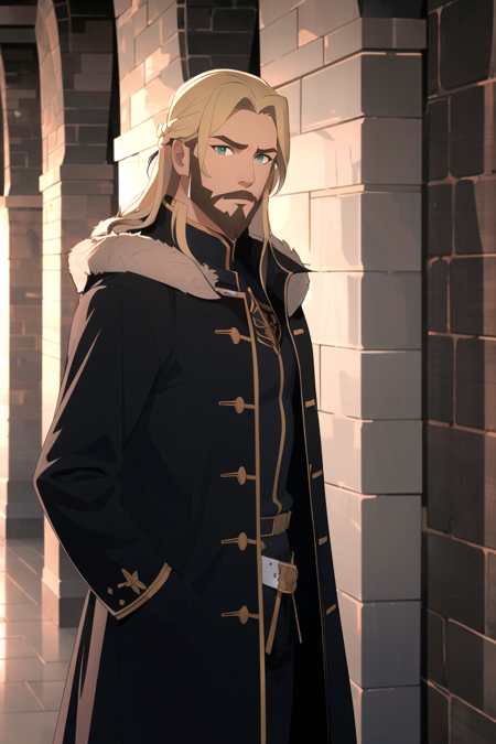 (very detailed background:1.5), indoors, castle,
1boy, armor, bangs, black armor, black coat, blonde hair, blue coat, green eyes, closed mouth, coat, cowboy shot, expressionless, fur-trimmed coat, fur trim, hair between eyes, looking at viewer, male focus, medium hair, dungeon master, solo, two-sided coat, blonde beard, long hair,
, ((masterpiece))
<lora:western_animation_style:1.07>