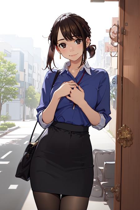 douki-chan short ponytail office lady blue shirt high-waist skirt pencil skirt pantyhose jewelry earrings
