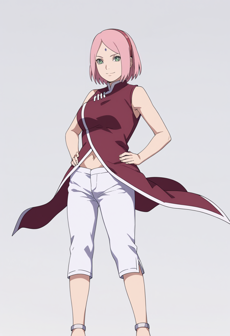 1girl, haruno sakura, pink hair, short hair, green eyes, forehead mark, hairband red sleeveless dress, navel, large breasts, white pants