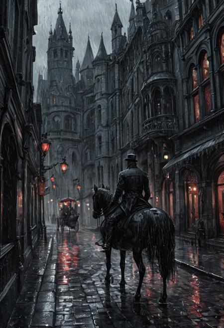 AquarelleIV. The dark night streets of a Victorian European city. It's raining hard, water streams on the cobblestone sidewalk and some leaves are as scarlet as blood. The architecture is a mixture of Gothic and Art Nouveau, with black and gray colors predominating. The view through the eyes of a mounted rider. Very dark and gloomy. The style is dark fantasy.