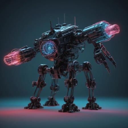 a (made of tiny neon glass filaments,) cute kawaii war mech, lasers, guns, cannon.   It should be a cartoon in a 3D style. The lighting should be sweet, and the colors should be vibrant.   In a made of tiny neon glass filaments, vibrant fantasy full of details of a fantasy epic view.  Epic image. Dynamic scena movement., , made of,, tiny neon glass filaments,, w0gf1l
