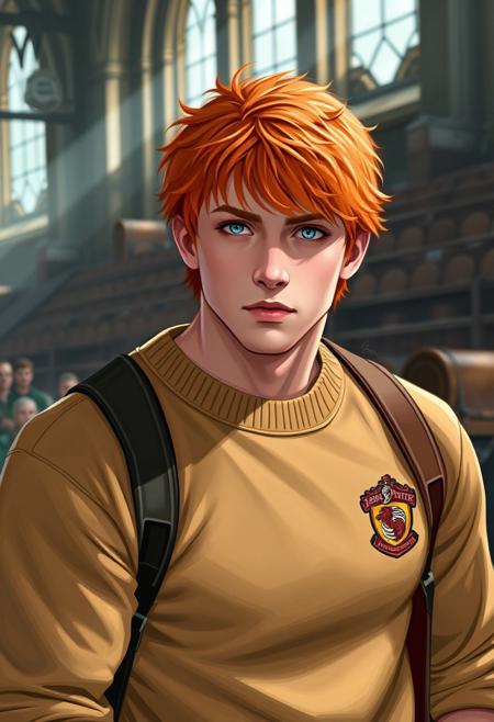1boy, orange red hair, blue eyes, realistic, muscular Ron Weasley spotting in the gym, wearing a Gryffindor sweatshirt, hogwarts, fantasy environment