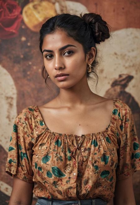 (High detail RAW Photo), a cinematic photograph of one beautiful Desi girl, mexican peasant shirt, satin skirt, photo studio, fruit mural background, messy hair buns, (freckles:0.6), mole, small chest, (head tilt:1.2), covered nipples, cowboy shot, over 18, BREAK
(masterpiece, extremely detailed skin, photorealistic), sharp focus, film grain, grainy, cinematic, detailed face, detailed skin, warm color, daylights, depth of field, sensual pose, ((slim body)), imperfect skin,  skin pores:1.1, depth of field, sensual pose, porta 160 color, shot on arri alexa 65, bokeh, sharp focus on subject, shot by don mccullin