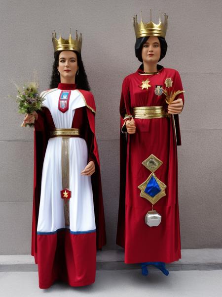 couple of gegants, gegant female wearing astronaut and a gegant male wearing crown and red clothes clothes and skirt:1.2  in front of a building <lora:gegants_768-09:1>