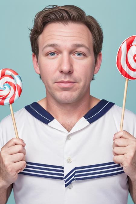 portrait photo of adult man d354nt152 in a cute (sailor boy outfit), sharp focus, intricate detail, light bokeh, skin texture, hasselblad h6d-400c 1.4, holding a big lollipop