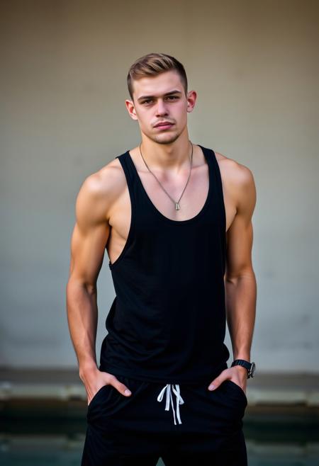american lad college boy, frat, thug, goatee, buzz cut, tank top, wear black trunks (full body photo)