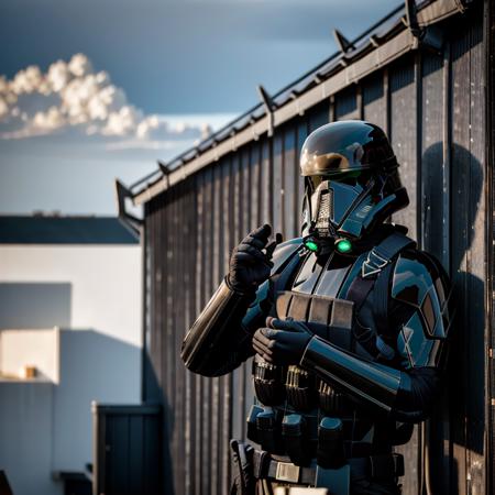 man in deathtrooper suit is looking at the sky with hands up<lora:DtrooperV01:0.8>, RAW photo, 8k uhd, dslr, soft lighting, high quality, film grain, Fujifilm XT3