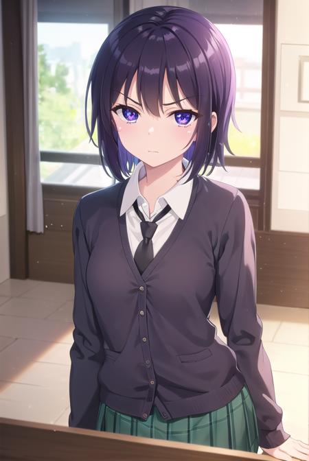 yozoramikazuki, <lora:yozora mikazuki s2-lora-nochekaiser:1>,
yozora mikazuki, short hair, black hair, (purple eyes:1.1), angry, frown,
BREAK shirt, school uniform, necktie, cardigan, black necktie, skirt, green skirt, pleated skirt,
BREAK indoors, classroom,
BREAK looking at viewer, (cowboy shot:1.5),
BREAK <lyco:GoodHands-beta2:1>, (masterpiece:1.2), best quality, high resolution, unity 8k wallpaper, (illustration:0.8), (beautiful detailed eyes:1.6), extremely detailed face, perfect lighting, extremely detailed CG, (perfect hands, perfect anatomy),