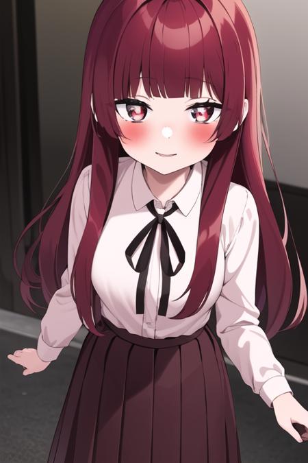 ((masterpiece, best quality)),1girl,standing,medium breasts,smile, bangs, yaeka sakuragi, blush, collared_shirt,  long_hair, long_sleeves, looking_at_viewer,  pleated_skirt, ,neck_ribbon, red_hair,white shirt,<lora:yaekamix:0.9>