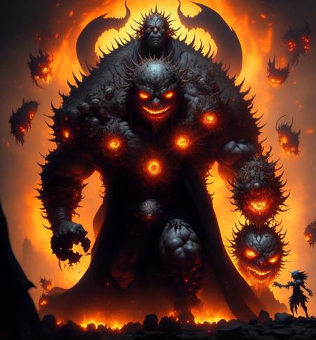 a demonic flaming boss with a huge head and a huge body, surrounded by other demonic creatures, fight, bsft