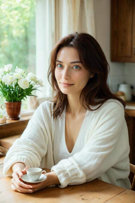 (HD, masterpiece, best quality, hyper detailed, ultra detailed, super realistic),Imagine a young woman with long, wavy brown hair sitting at a rustic wooden kitchen table, wrapped in a cozy white blanket. One hand holds the blanket close to her chest while the other rests lightly on the table, holding a delicate porcelain teacup. She gazes softly at the camera, creating a warm, inviting atmosphere. Bright natural light floods in through a large window, illuminating the space and casting gentle shadows. On the table, a small vase holds fresh flowers, and next to it, a plate with assorted pastries adds to the cozy feel of the kitchen. The decor is charming, with soft colors and homey touches, embodying a relaxed, mid-morning moment filled with comfort and contentment., green eyes, blue eyes, brown eyes, perfecteyes, jpn-girl, Movie Still, Film Still, Cinematic, Cinematic Shot, Cinematic Lighting, SDXL Hands XL + SD 1.5 + FLUX.1-dev<lora:SDXL PerfectEyesXL.safetensors:0.8:0.8> <lora:SDXL japanese_girl_v1.1.safetensors:0.8:0.8> <lora:SDXL Juggernaut Cinematic XL LoRA.safetensors:0.8:0.8> <lora:SDXL Hands XL + SD 1.5 + FLUX.1-dev.safetensors:0.8:0.8>