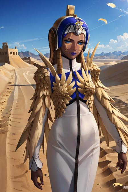 masterpiece, best quality, cowboy shot, upper body, desert, sand, oasis
<lora:zs_Isis:1> isissmt, dark skin, facial mark, feathers, dress, barefoot, helmet, lipstick, wings