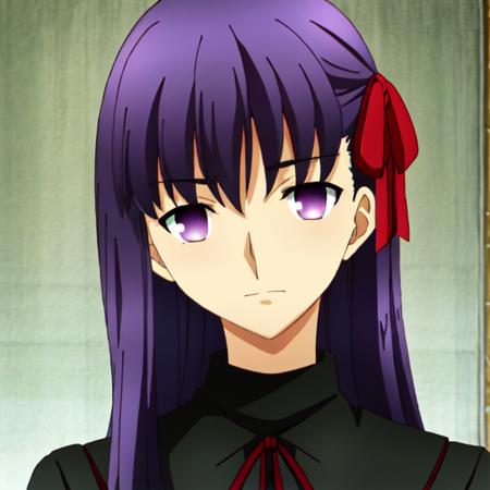 ufotable screen cap, matou sakura, empty eyes, portrait, purple eyes, purple hair, long hair, red ribbon, hair ribbon, <lora:style-ufotable:0.85>