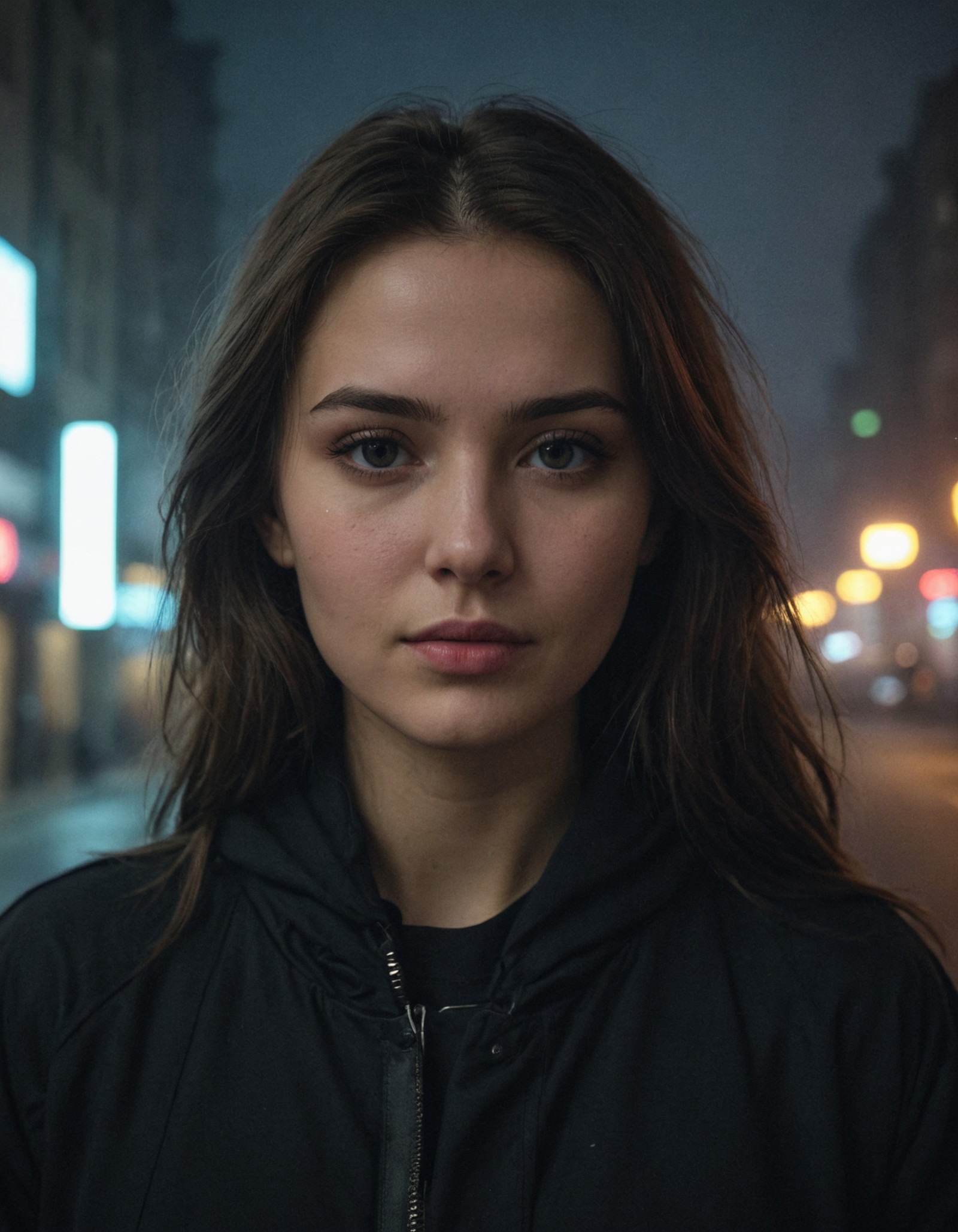 city street, neon, fog, volumetric, closeup portrait photo of young woman in dark clothes