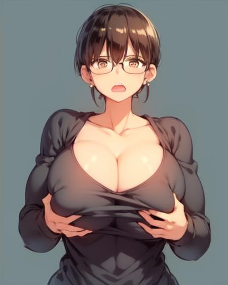 <lora:HatarakiAri:1>
1girl,  grabbing own breasts, upper body, breasts, solo, glasses, cleavage, open mouth, looking at viewer, simple background, huge breasts, black hair, collarbone, large breasts, blue background, brown hair, brown eyes, earrings